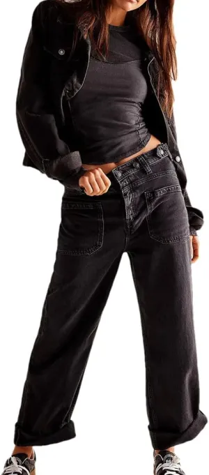 Women's Floor Length Denim Pants High Waist Wide Leg Straight Jeans Y2k Streetwear Trousers