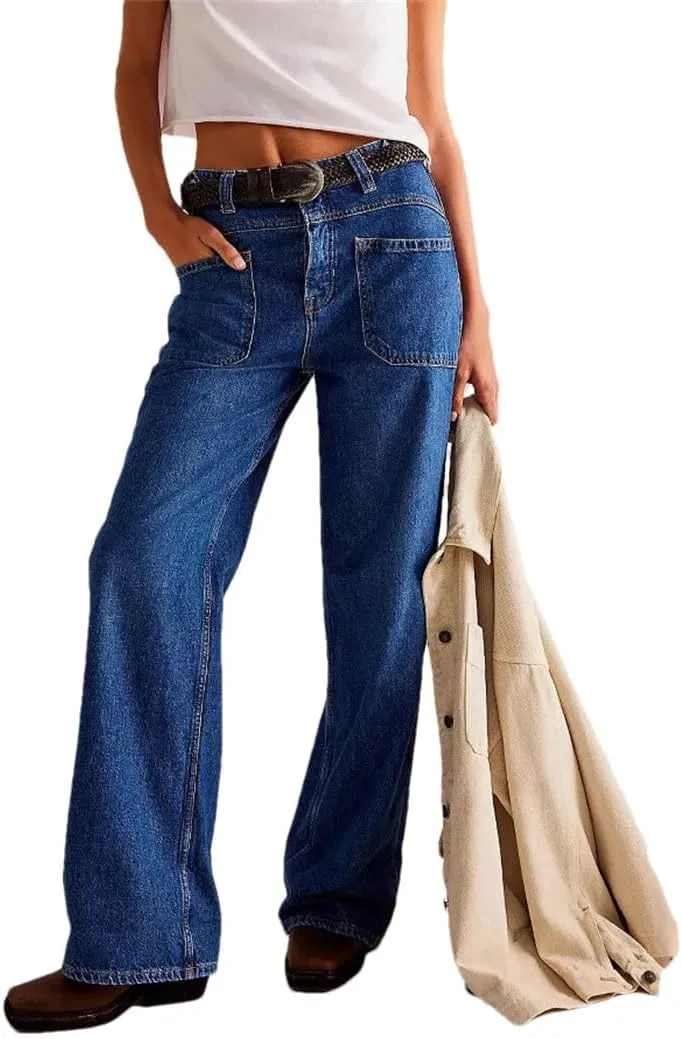 Women's Floor Length Denim Pants High Waist Wide Leg Straight Jeans Y2k Streetwear Trousers