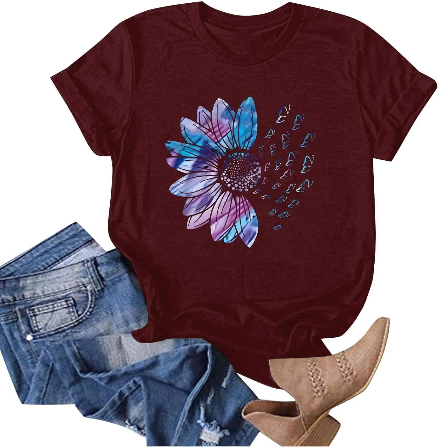 Womens Graphic Tees Sunflower Shirts Vintage Flower Graphic Tees Shirts Inspirational Tees Casual Tops