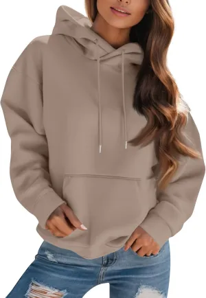 Womens Hoodies Fall Oversized Sweatshirt Preppy Fleece Pullover Solid Color Comfort Hoodie With Pockets