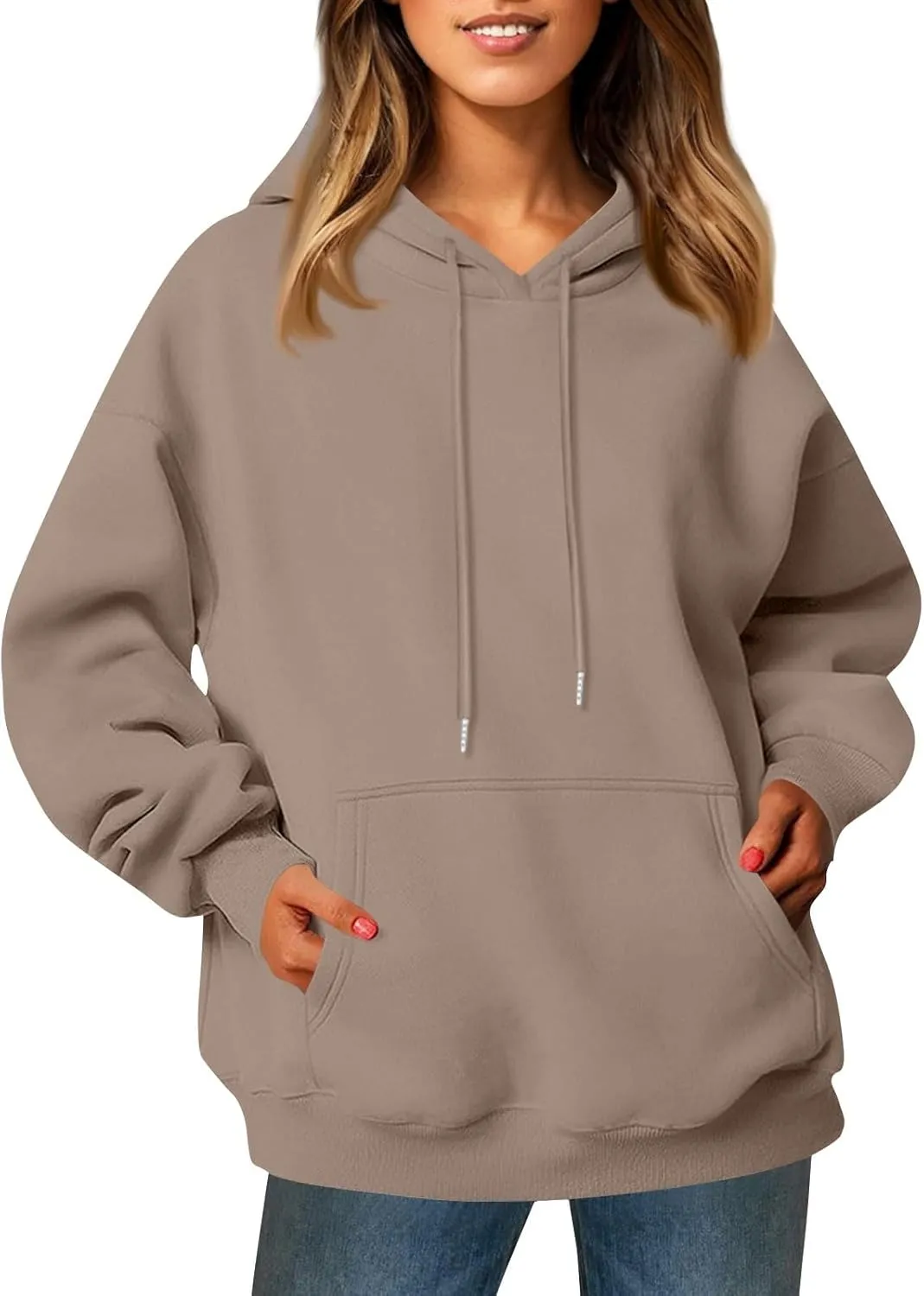 Womens Hoodies Fall Oversized Sweatshirt Preppy Fleece Pullover Solid Color Comfort Hoodie With Pockets