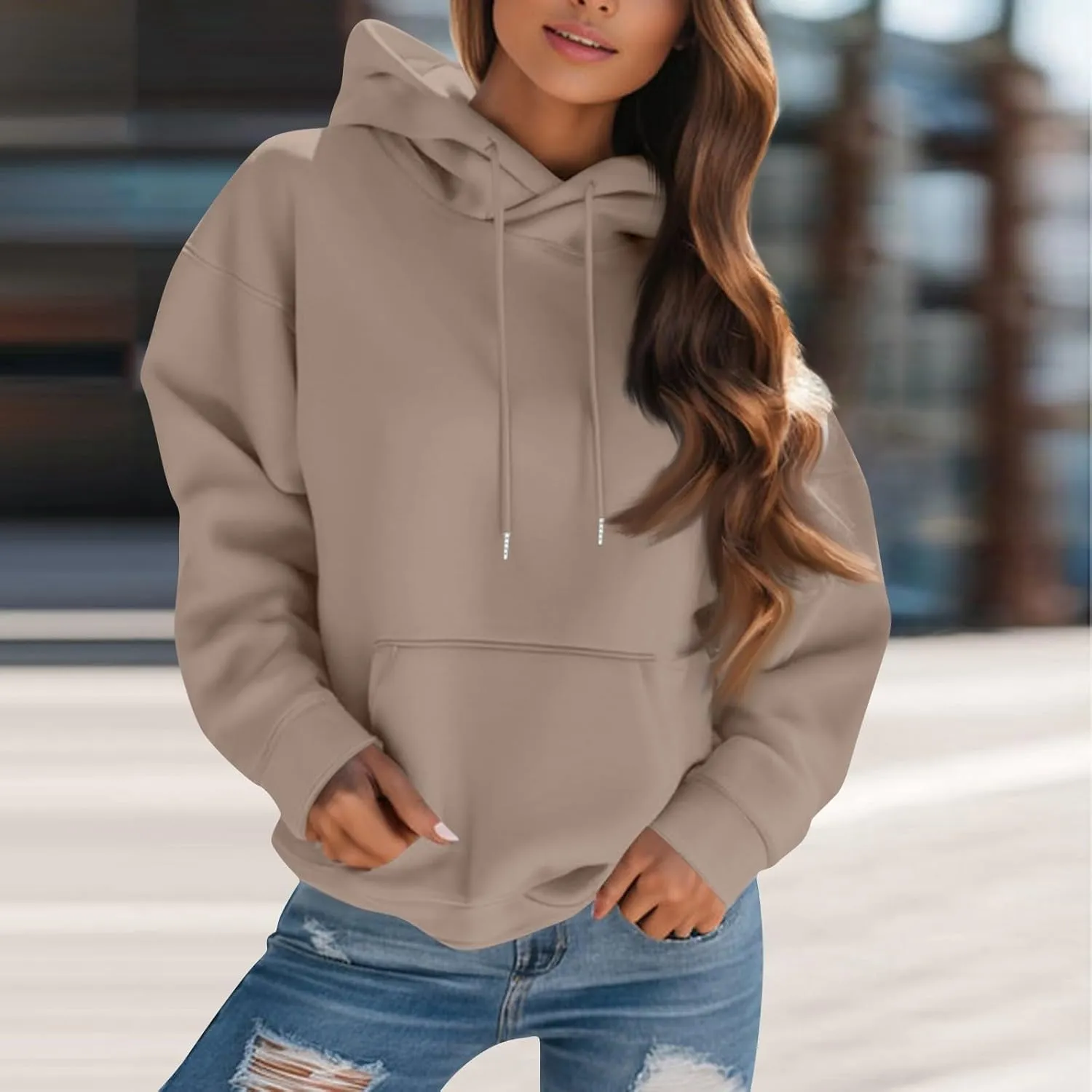 Womens Hoodies Fall Oversized Sweatshirt Preppy Fleece Pullover Solid Color Comfort Hoodie With Pockets