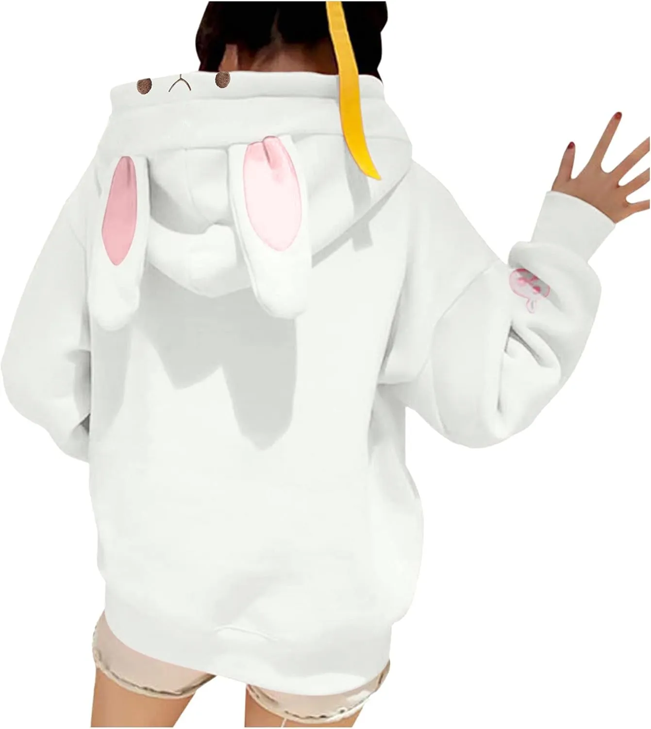 Women's Kawaii Bunny Hoodie Winter Long Sleeves Cute Rabbit Ear Sweatshirt for Girl Solid Color Pullovers