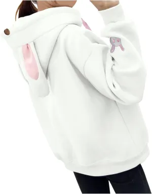 Women's Kawaii Bunny Hoodie Winter Long Sleeves Cute Rabbit Ear Sweatshirt for Girl Solid Color Pullovers