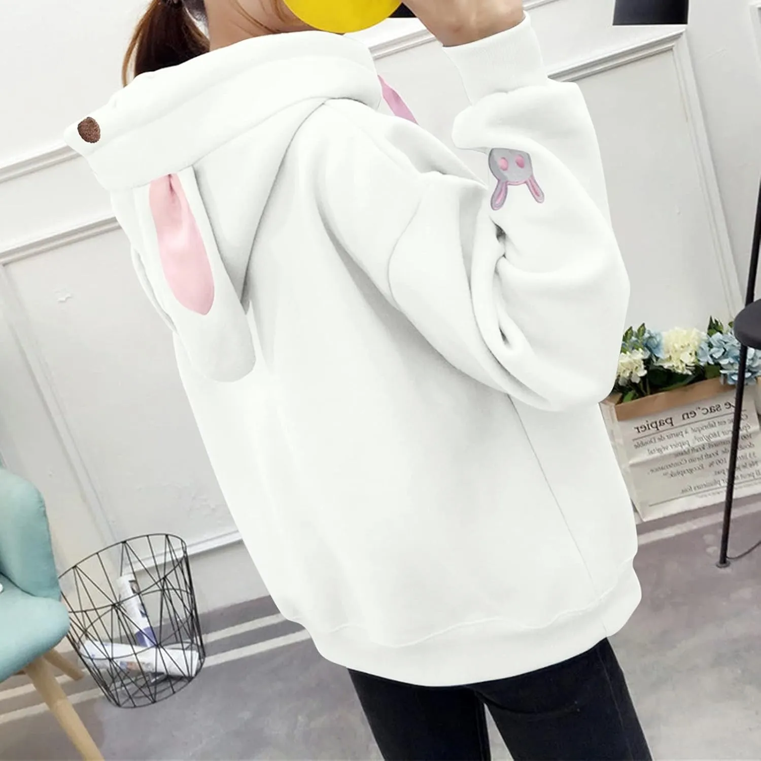 Women's Kawaii Bunny Hoodie Winter Long Sleeves Cute Rabbit Ear Sweatshirt for Girl Solid Color Pullovers