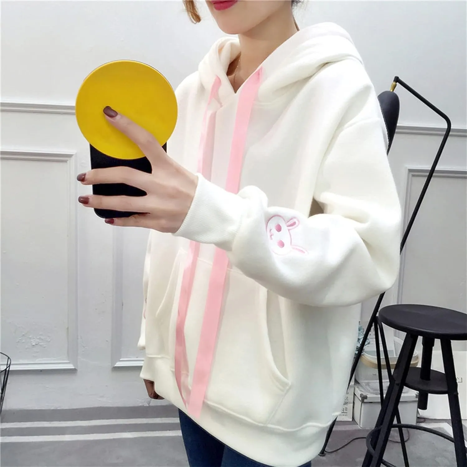 Women's Kawaii Bunny Hoodie Winter Long Sleeves Cute Rabbit Ear Sweatshirt for Girl Solid Color Pullovers