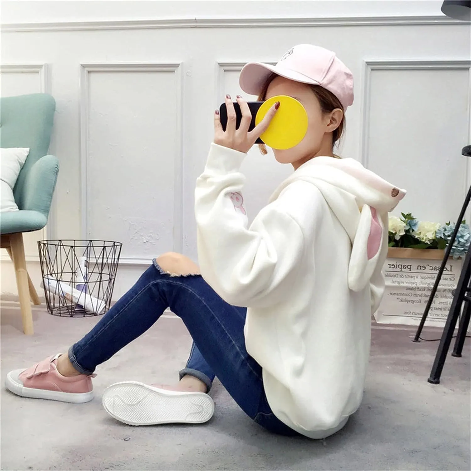 Women's Kawaii Bunny Hoodie Winter Long Sleeves Cute Rabbit Ear Sweatshirt for Girl Solid Color Pullovers