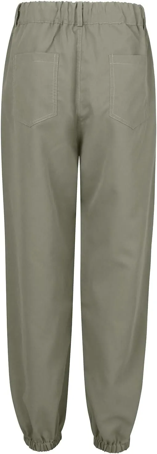 Womens Linen Cargo Joggers Casual Stretch Drawstring High Waist Pants Summer Lightweight Hiking Pants with Pocket