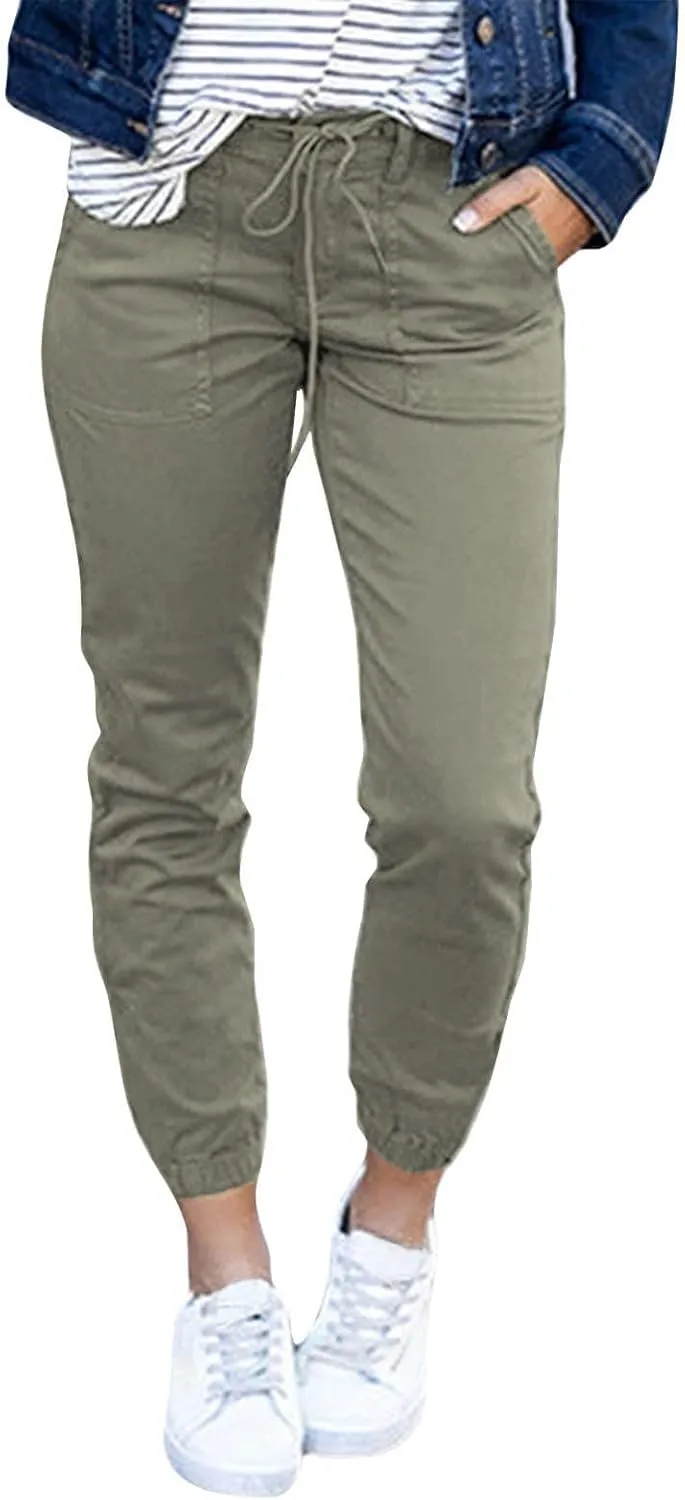 Womens Linen Cargo Joggers Casual Stretch Drawstring High Waist Pants Summer Lightweight Hiking Pants with Pocket