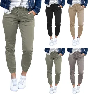 Womens Linen Cargo Joggers Casual Stretch Drawstring High Waist Pants Summer Lightweight Hiking Pants with Pocket