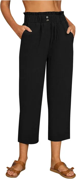 Womens Linen Loose Fit High Cut Straight Leg Summer Fall Pants 2025 Y2K Beige L or XL