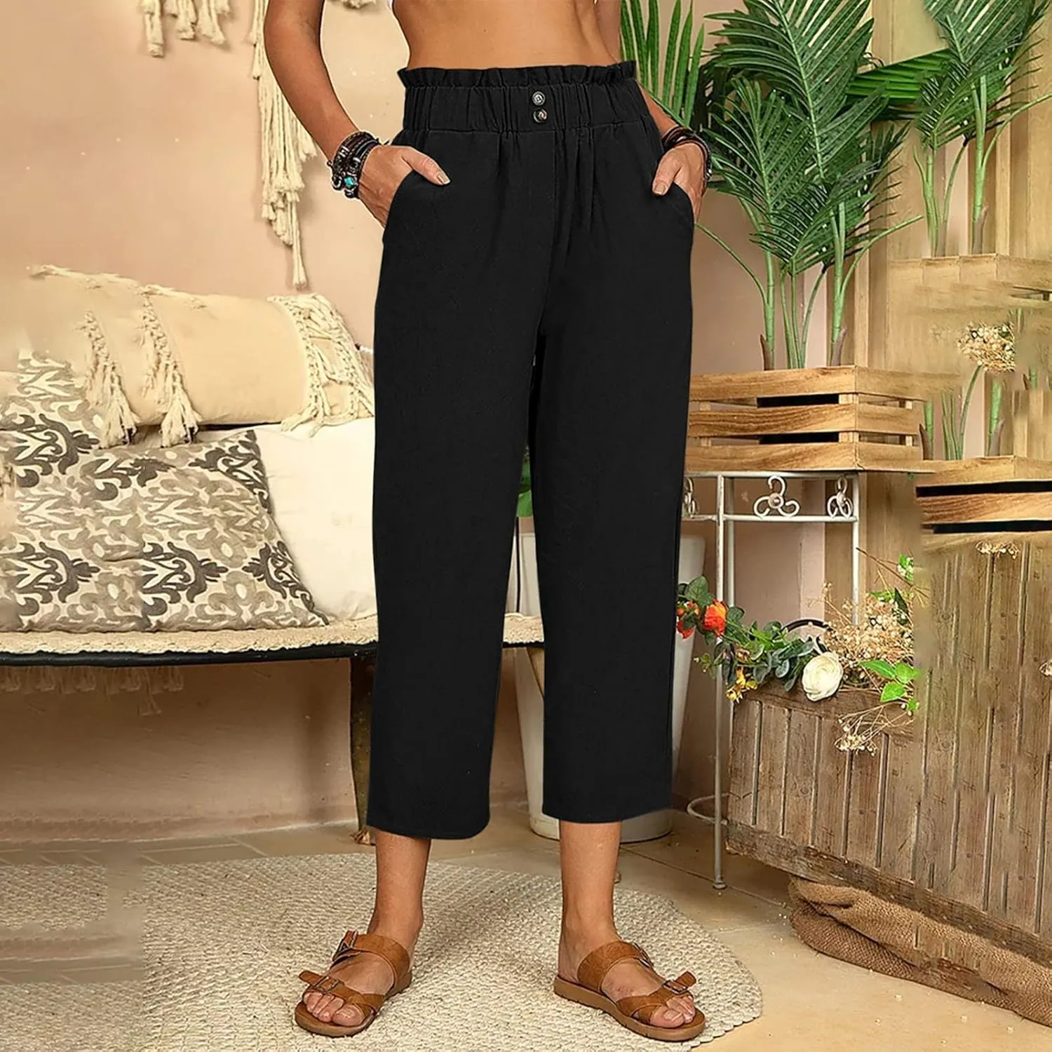 Womens Linen Loose Fit High Cut Straight Leg Summer Fall Pants 2025 Y2K Beige L or XL