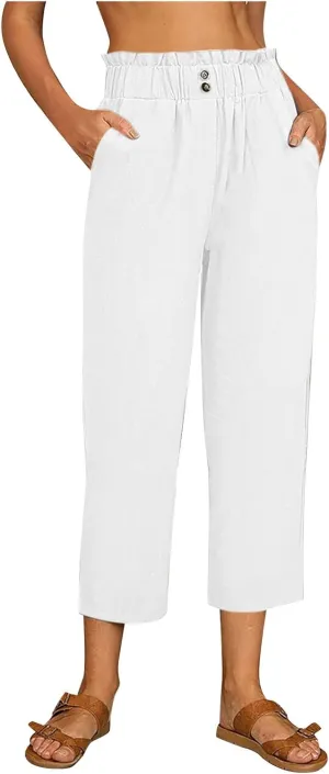 Womens Linen Loose Fit High Cut Straight Leg Summer Fall Pants 2025 Y2K Beige L or XL