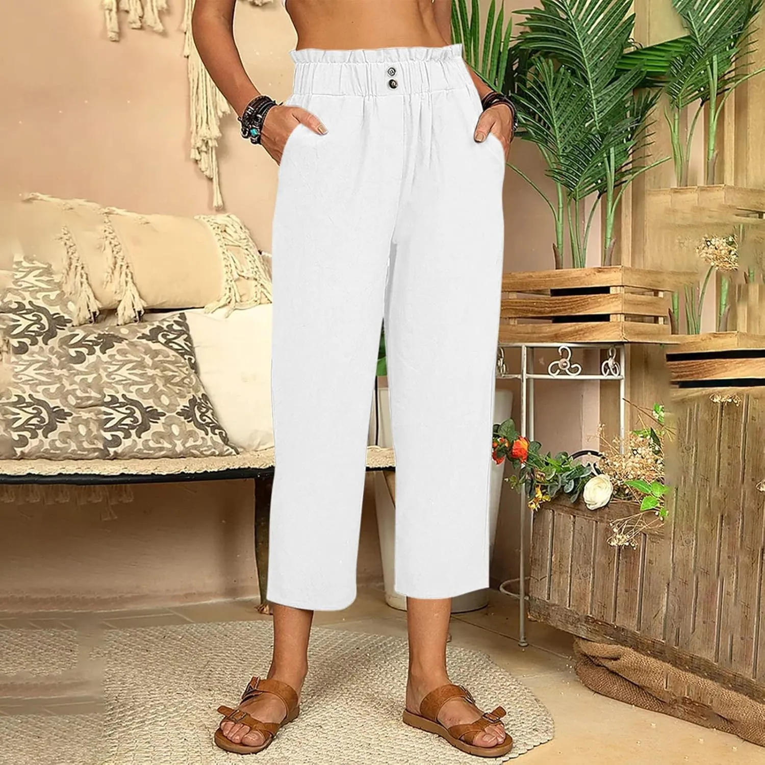 Womens Linen Loose Fit High Cut Straight Leg Summer Fall Pants 2025 Y2K Beige L or XL