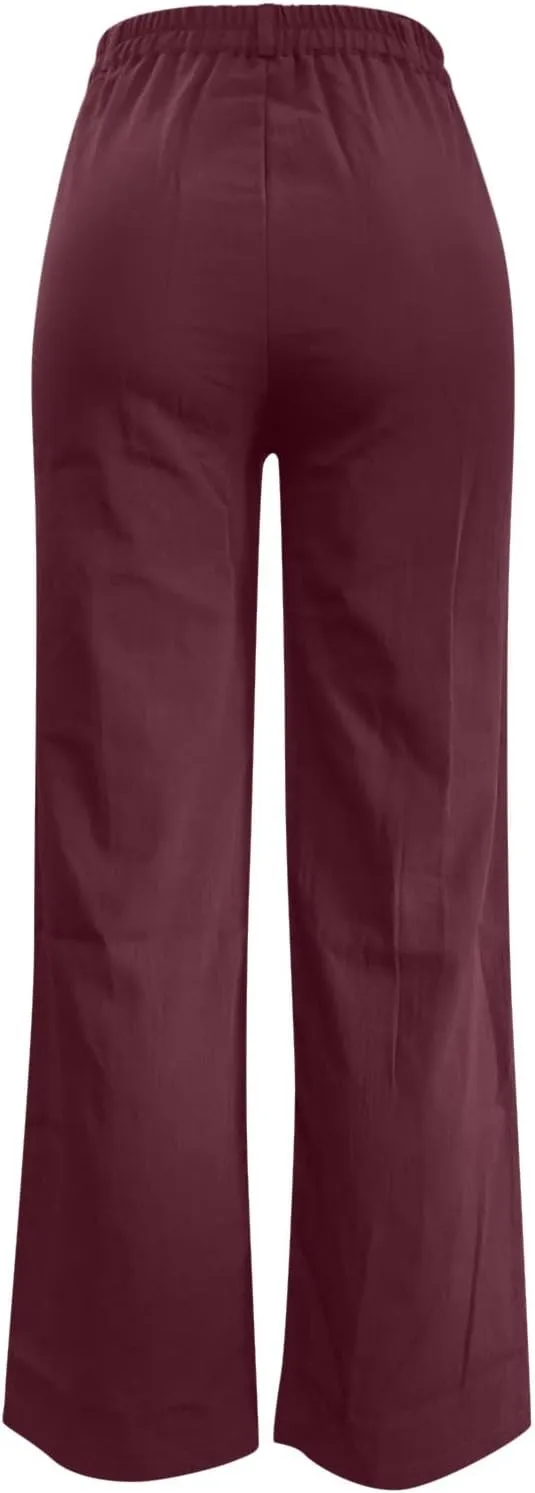 Womens Linen Pants Soft Solid High Waisted Wide Leg Cotton Lounge Pants Casual Loose Fit Straight Leg Trousers with Pockets