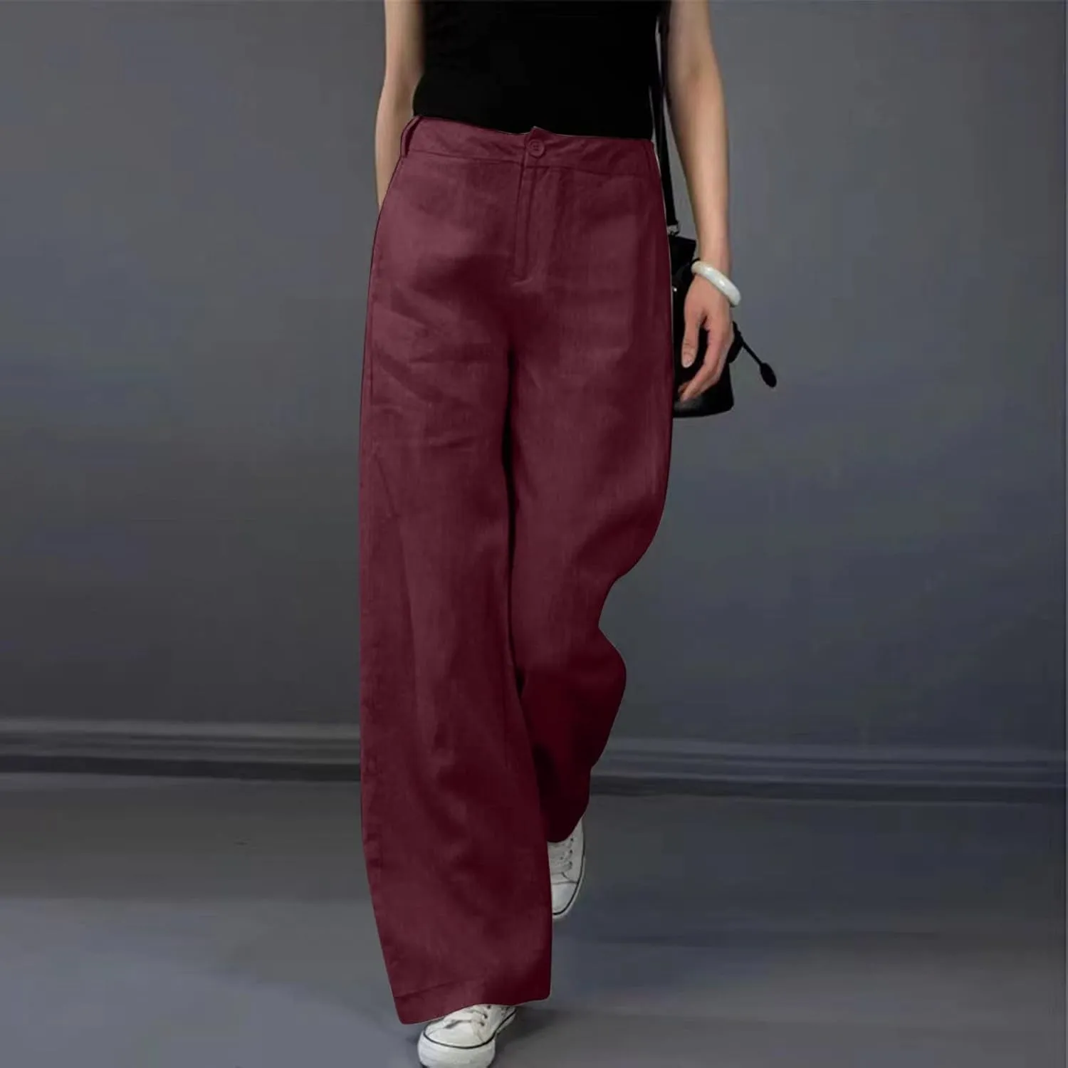 Womens Linen Pants Soft Solid High Waisted Wide Leg Cotton Lounge Pants Casual Loose Fit Straight Leg Trousers with Pockets