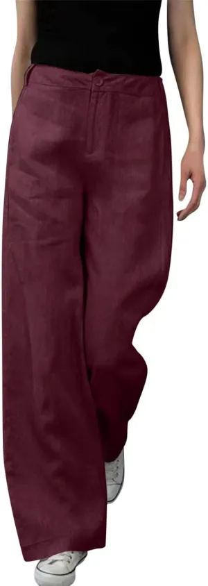 Womens Linen Pants Soft Solid High Waisted Wide Leg Cotton Lounge Pants Casual Loose Fit Straight Leg Trousers with Pockets