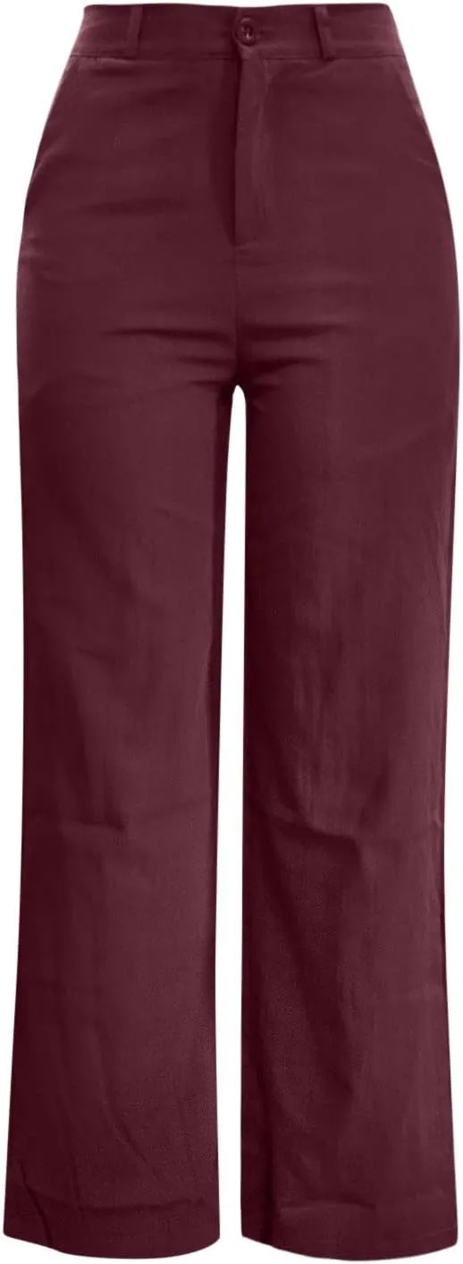 Womens Linen Pants Soft Solid High Waisted Wide Leg Cotton Lounge Pants Casual Loose Fit Straight Leg Trousers with Pockets