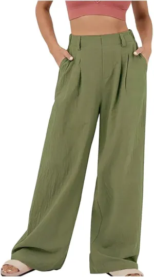 Women's Long Straight-Leg Suit Pants High-Waisted Office Work Trousers Casual Business Elastic Pant with Pockets