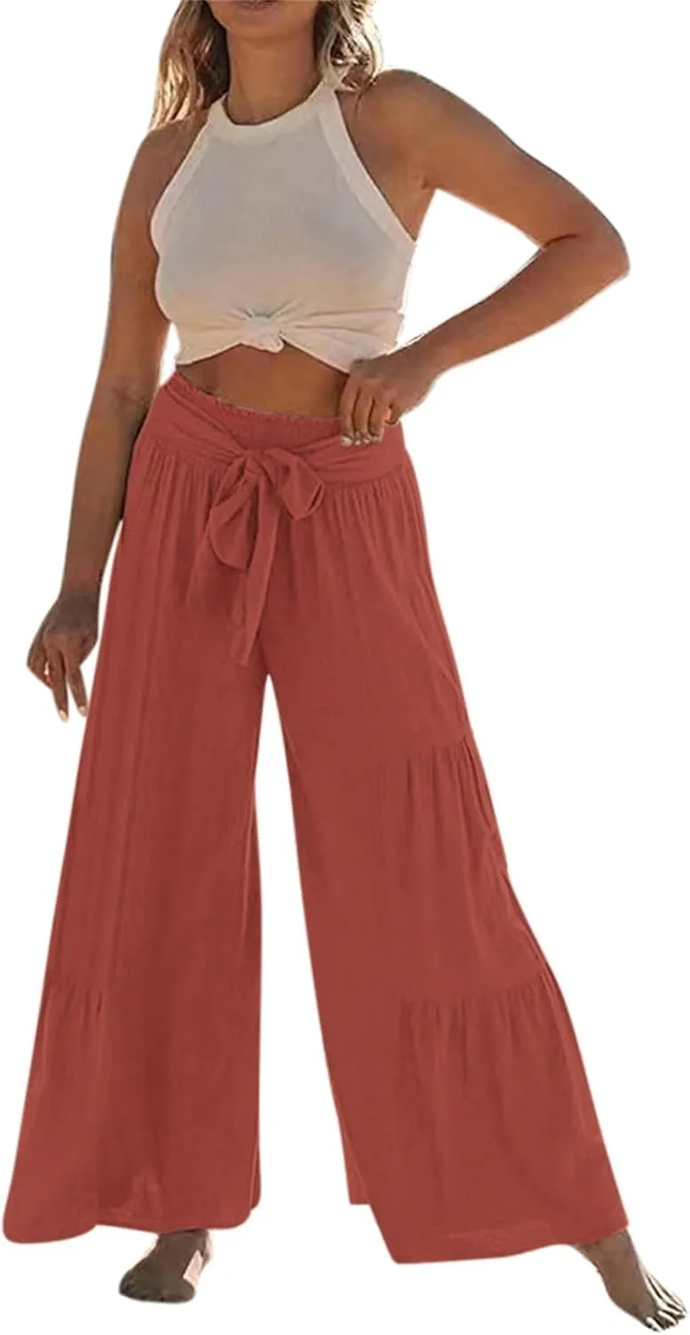 Women's New Solid Color Lace Up High Waisted Flowy Yoga Sweatpants Casual Comfy Lihgtweight Breathable Straight Leg Trousers
