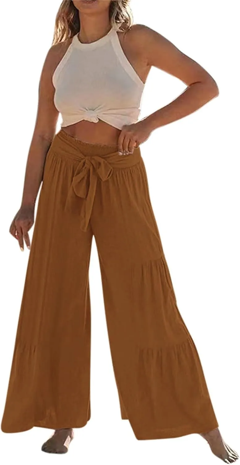 Women's New Solid Color Lace Up High Waisted Flowy Yoga Sweatpants Casual Comfy Lihgtweight Breathable Straight Leg Trousers