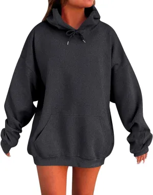 Womens Oversized Hoodies Fleece Solid Color Long Sleeve Sweatshirts with Pockets Winter Basic Pullover 2024 Fashion Tops