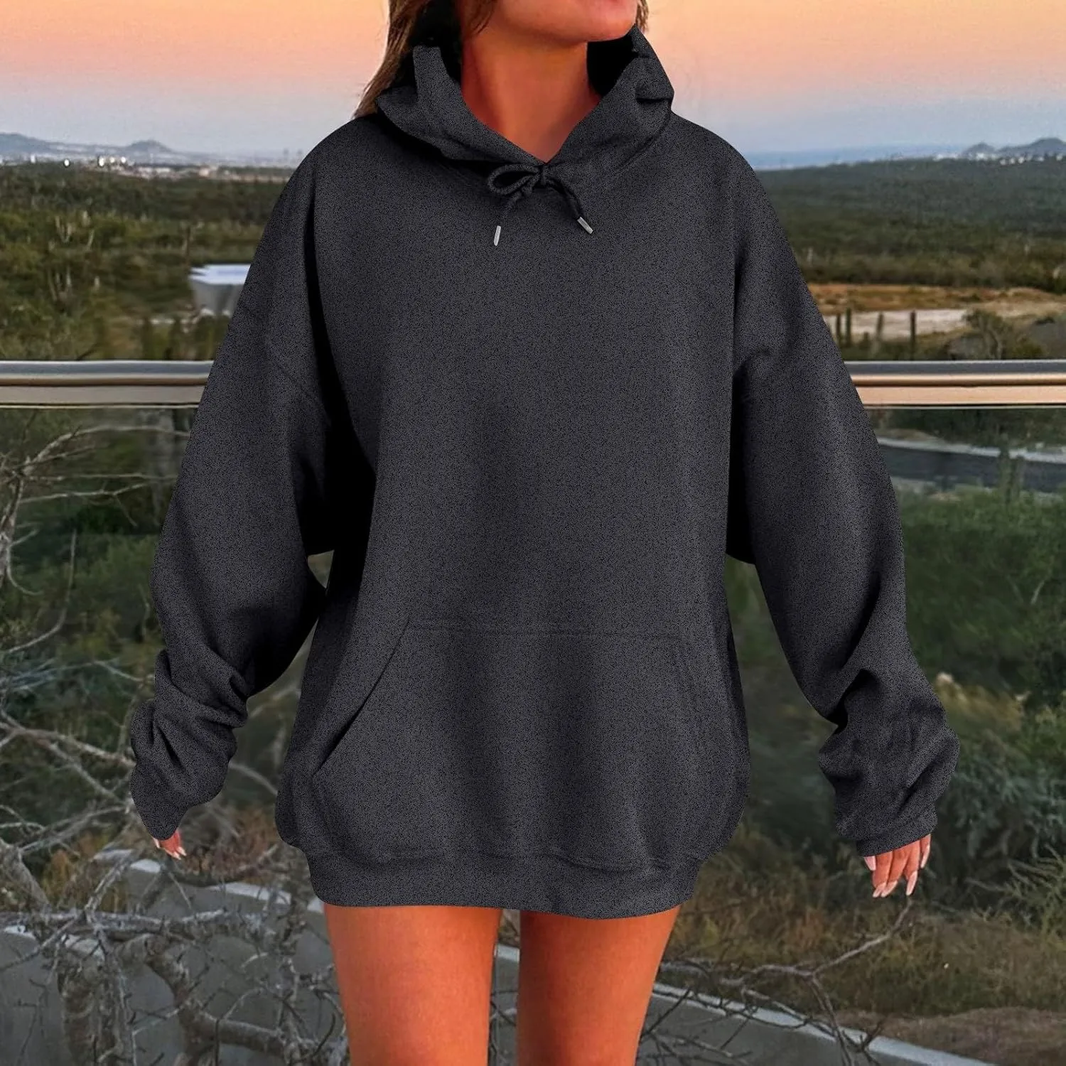Womens Oversized Hoodies Fleece Solid Color Long Sleeve Sweatshirts with Pockets Winter Basic Pullover 2024 Fashion Tops