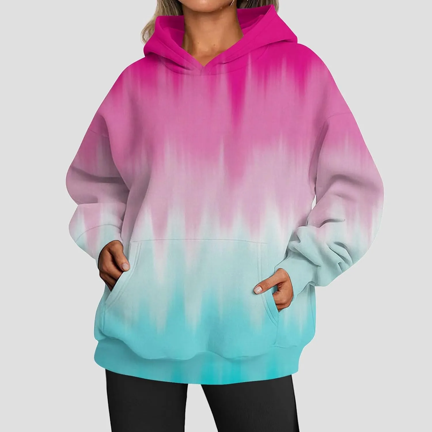 Women's Oversized Hoodies Gradient Color Drop Shoulder Sweatshirts Casual Fleece Pullover Tops with Pockets