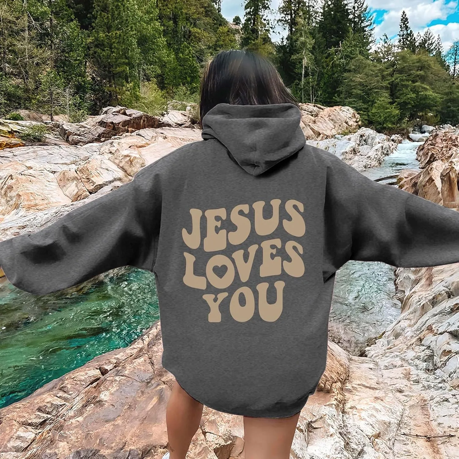 Womens Oversized Letter Graphic Hoodies Casual Long Sleeve Drawstring Hooded Pocketed Sweatshirts Pullover Top