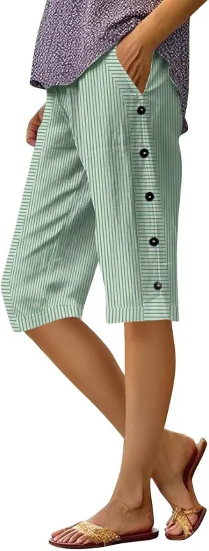 Women's Pants Side Button Stripe Straight Leg Drawstring Knee Length Pant 2025 Summer Beach Trouser with Pockets