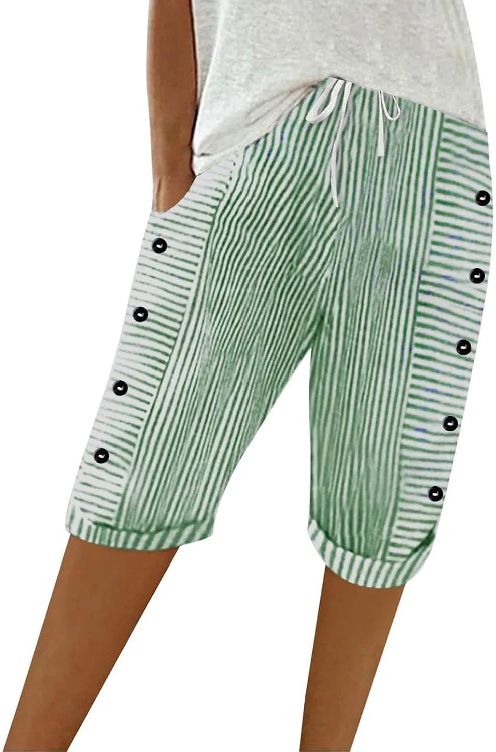 Women's Pants Side Button Stripe Straight Leg Drawstring Knee Length Pant 2025 Summer Beach Trouser with Pockets