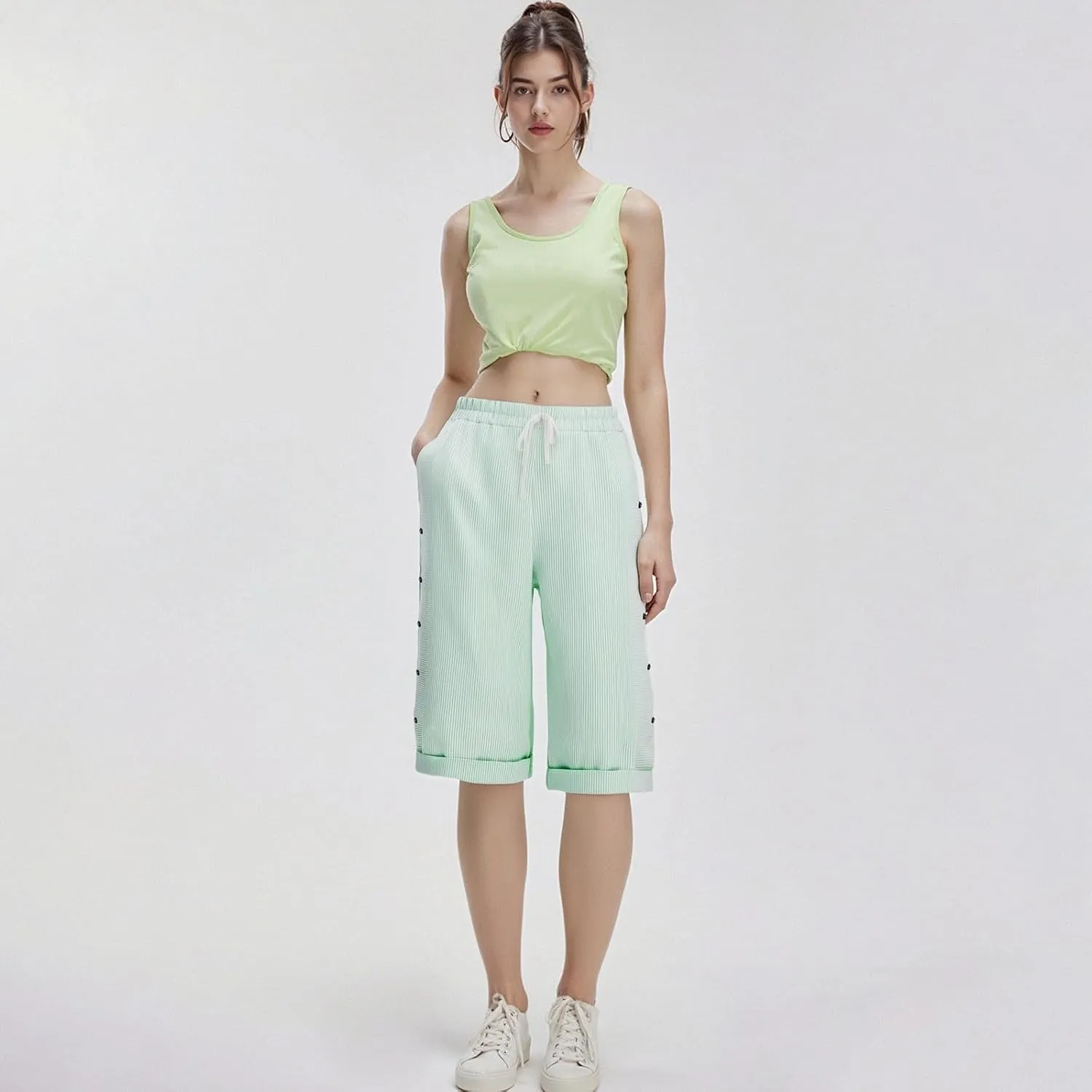 Women's Pants Side Button Stripe Straight Leg Drawstring Knee Length Pant 2025 Summer Beach Trouser with Pockets