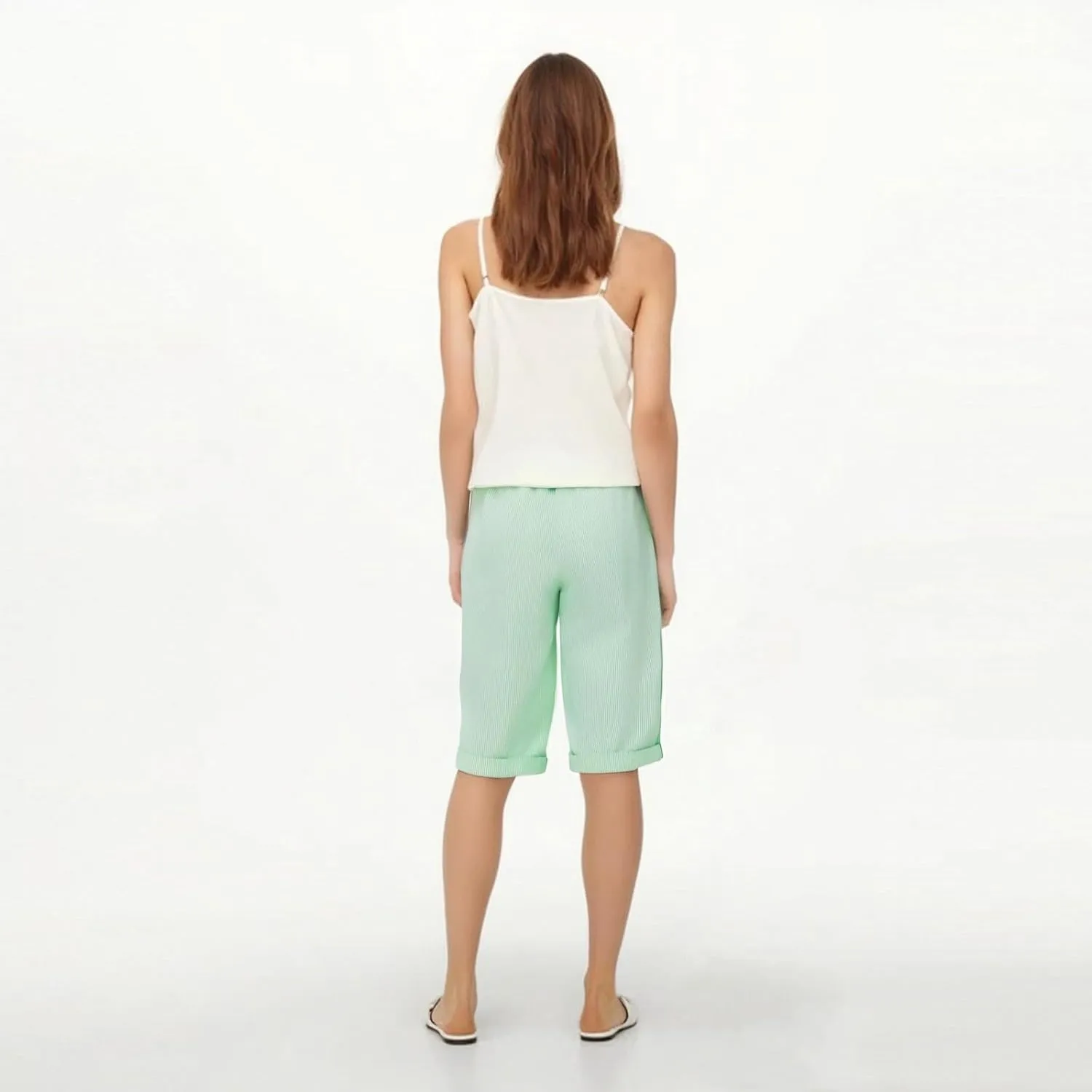 Women's Pants Side Button Stripe Straight Leg Drawstring Knee Length Pant 2025 Summer Beach Trouser with Pockets
