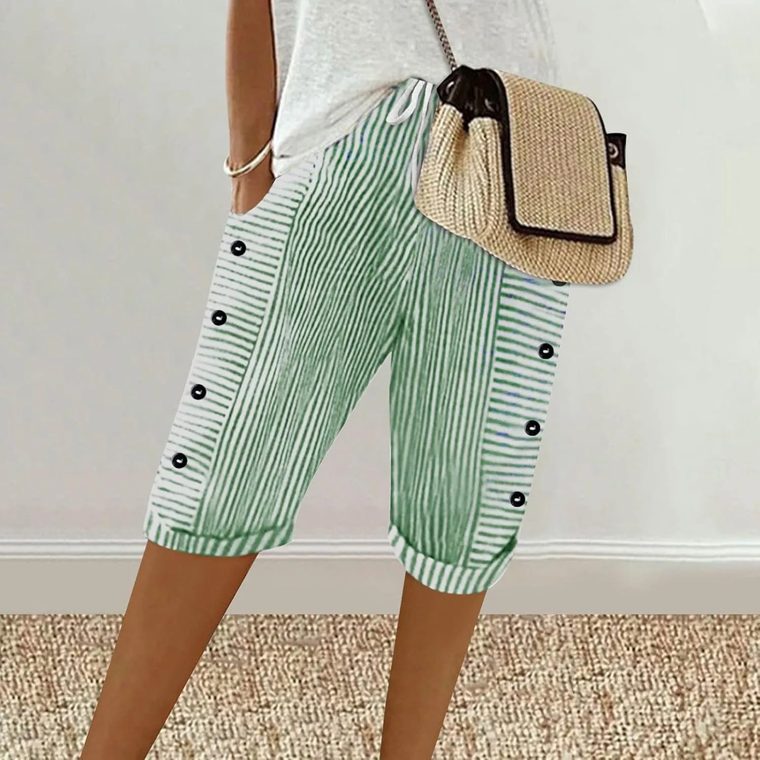Women's Pants Side Button Stripe Straight Leg Drawstring Knee Length Pant 2025 Summer Beach Trouser with Pockets