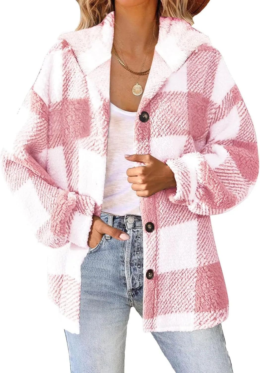 Womens Plaid Shacket Fall Jacket Fleece Lined Button Up Cardigan Plaid Lapel Casual Coats Y2K Shirt Jackets 2024