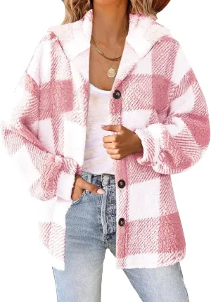 Womens Plaid Shacket Fall Jacket Fleece Lined Button Up Cardigan Plaid Lapel Casual Coats Y2K Shirt Jackets 2024