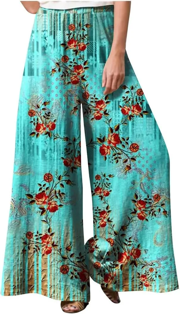 Women's Retro Floral Pring Casual Loose Pants Breathable Elastic High Waist Wide Leg Straight Trousers