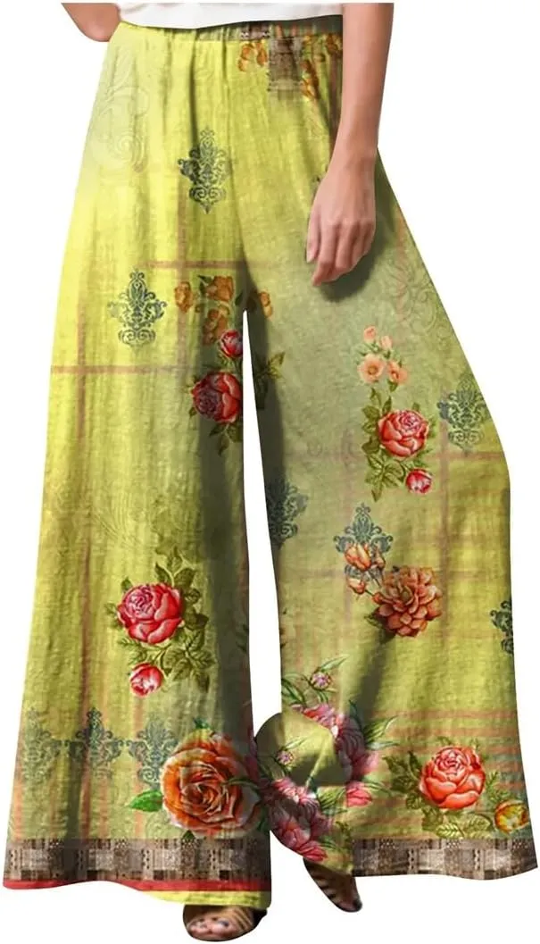 Women's Retro Floral Pring Casual Loose Pants Breathable Elastic High Waist Wide Leg Straight Trousers
