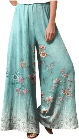 Women's Retro Floral Pring Casual Loose Pants Breathable Elastic High Waist Wide Leg Straight Trousers
