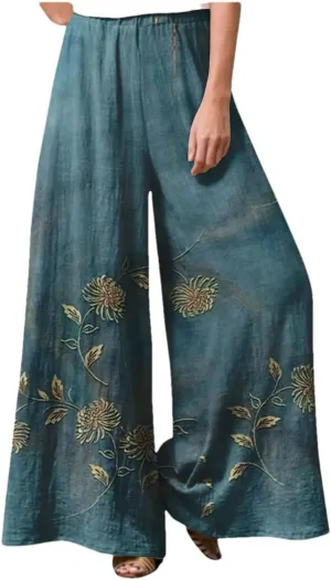 Women's Retro Floral Pring Casual Loose Pants Breathable Elastic High Waist Wide Leg Straight Trousers