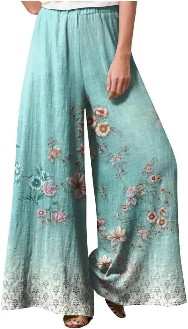 Women's Retro Floral Pring Casual Loose Pants Breathable Elastic High Waist Wide Leg Straight Trousers