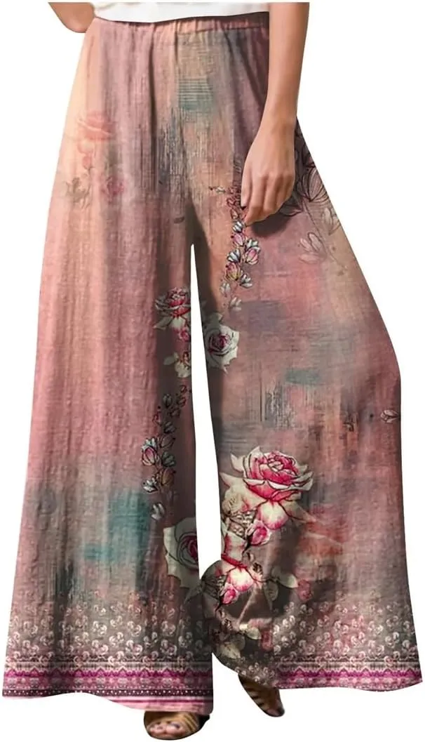 Women's Retro Floral Pring Casual Loose Pants Breathable Elastic High Waist Wide Leg Straight Trousers