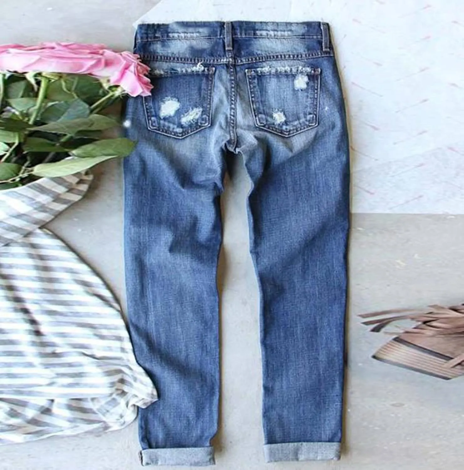 Womens Ripped Boyfriend Jeans Distressed Leopard Print Patch Straight Jeans Denim Pants