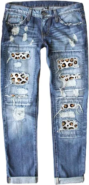 Womens Ripped Boyfriend Jeans Distressed Leopard Print Patch Straight Jeans Denim Pants
