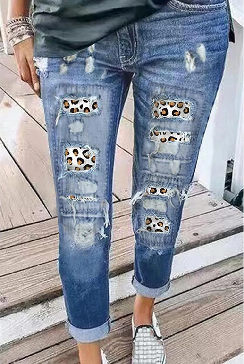 Womens Ripped Boyfriend Jeans Distressed Leopard Print Patch Straight Jeans Denim Pants