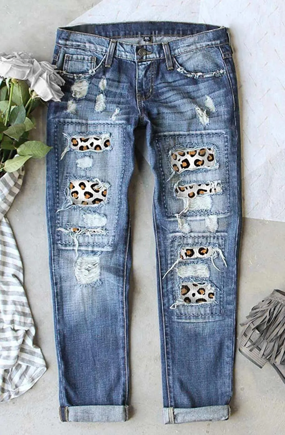 Womens Ripped Boyfriend Jeans Distressed Leopard Print Patch Straight Jeans Denim Pants