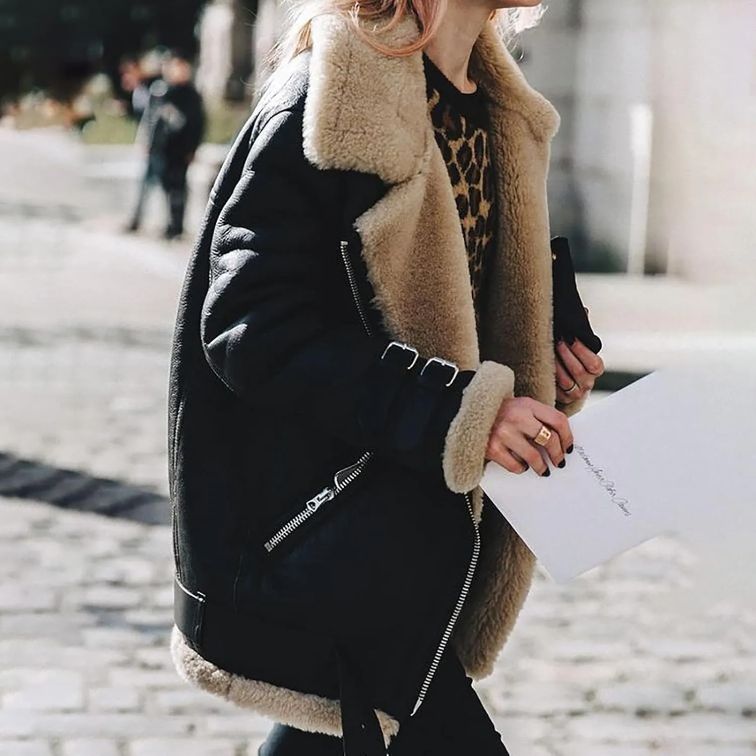 Womens Sherpa Lined Bomber Jackets Faux Shearing Moto Lamb Coat Winter Warm Fleece Zip Up Coat Plus Size Outerwear