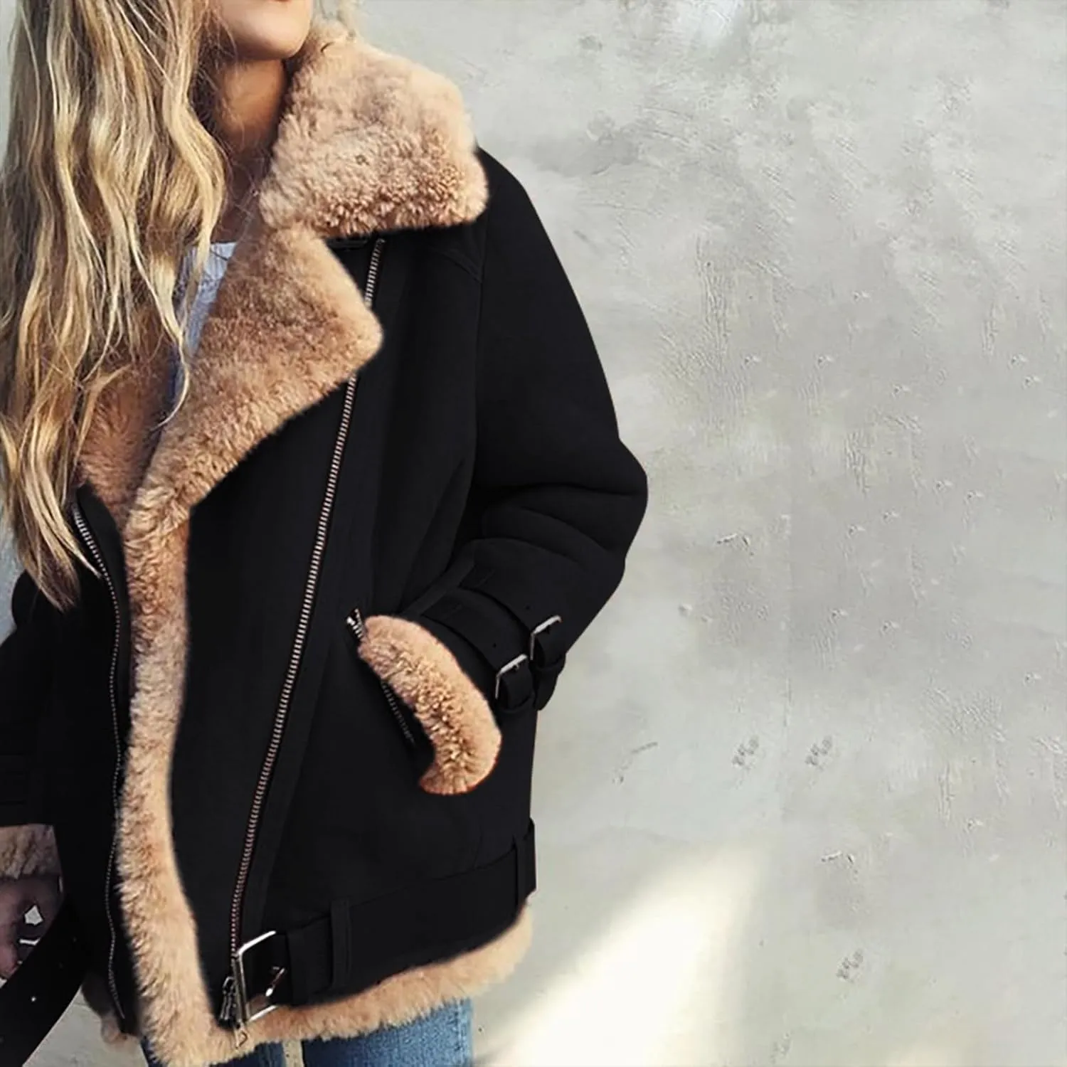 Womens Sherpa Lined Bomber Jackets Faux Shearing Moto Lamb Coat Winter Warm Fleece Zip Up Coat Plus Size Outerwear