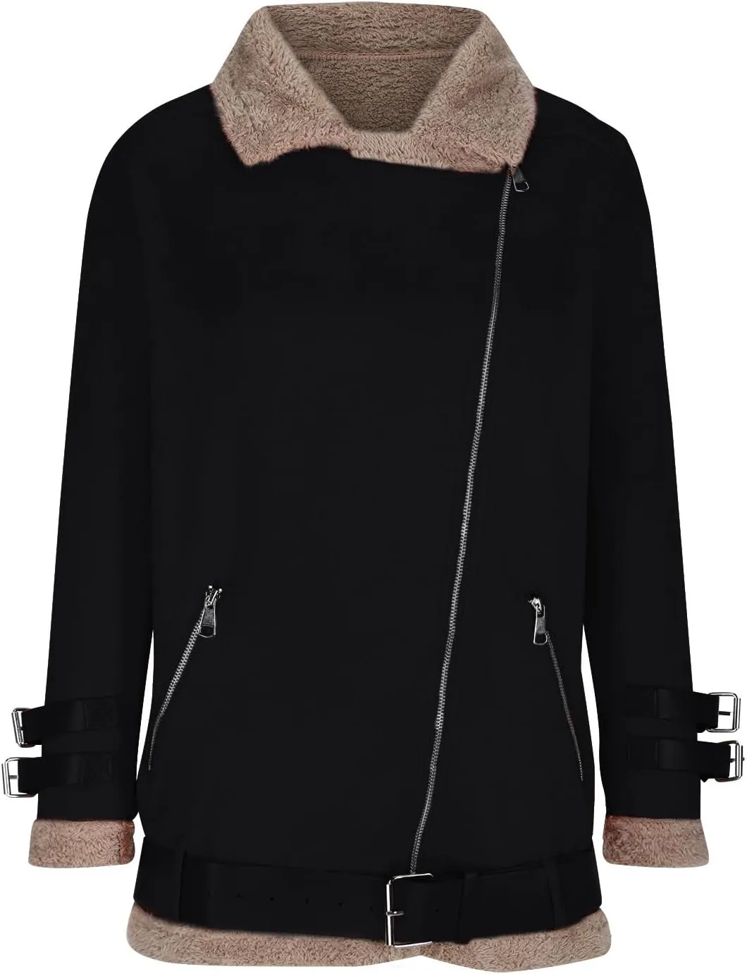 Womens Sherpa Lined Bomber Jackets Faux Shearing Moto Lamb Coat Winter Warm Fleece Zip Up Coat Plus Size Outerwear