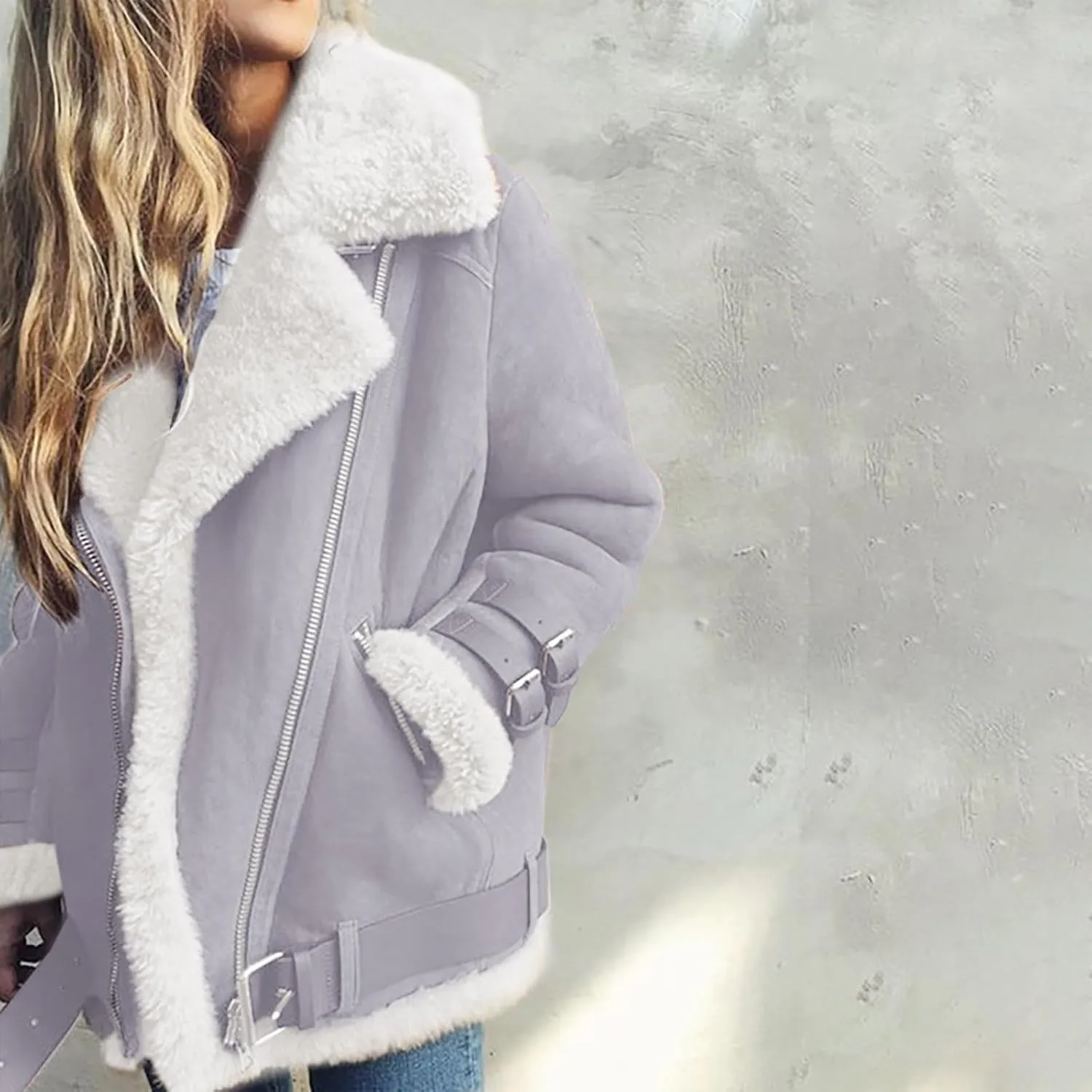 Womens Sherpa Lined Bomber Jackets Faux Shearing Moto Lamb Coat Winter Warm Fleece Zip Up Coat Plus Size Outerwear